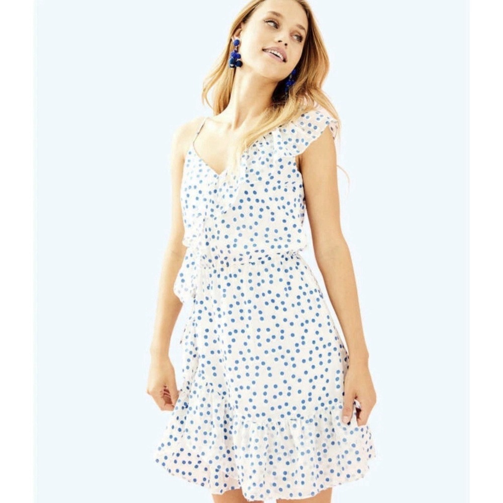 Lilly Pulitzer Madelina‎ Ruffle Dress Blue Polka Dot Asymmetrical Size Small